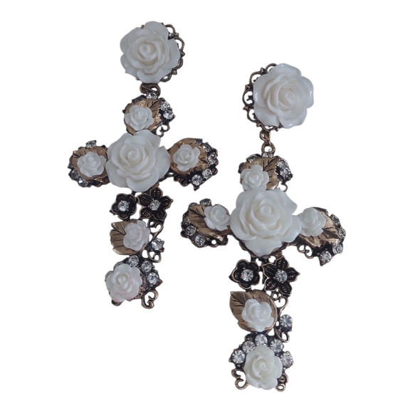 Gold‎ and White Chandelier Cross Earrings - Picture 1 of 5